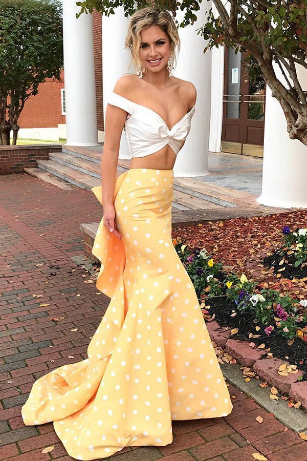 Charming 2 Pieces Off The Shoulder Yellow Long  Mermaid Prom Dresses DMH2
