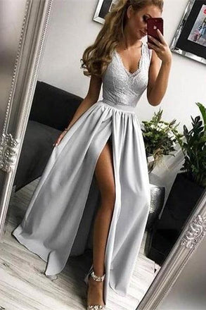 Cheap Silver Long V-neck Lace Satin Prom Dresses For Teens Split Party Dresses DMI57