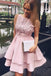 Pretty Bateau Short Pink Satin Homecoming Party Dresses with Appliques DMO51