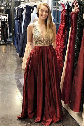 Burgundy A-line Beaded Prom Dresses V-neck Formal Dresses With Pockets DMKK49