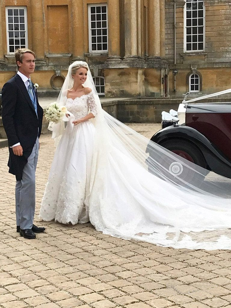 Off the Shoulder Long Sleeves Wedding Dresses With Cathedral Train DMP83