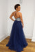 A Line Navy Blue Tulle Prom Dresses Spaghetti Straps Long Prom Gown DMS10