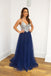 A Line Navy Blue Tulle Prom Dresses Spaghetti Straps Long Prom Gown DMS10