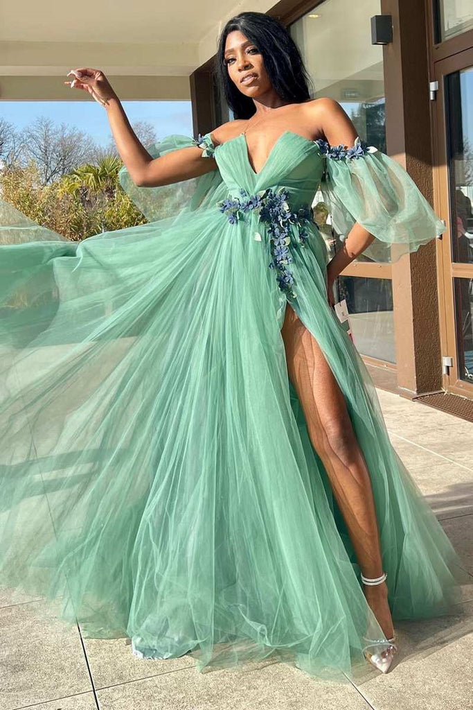 A-Line Off-the-Shoulder Green Tulle 3D Floral Lace Long Prom Dress DMP275