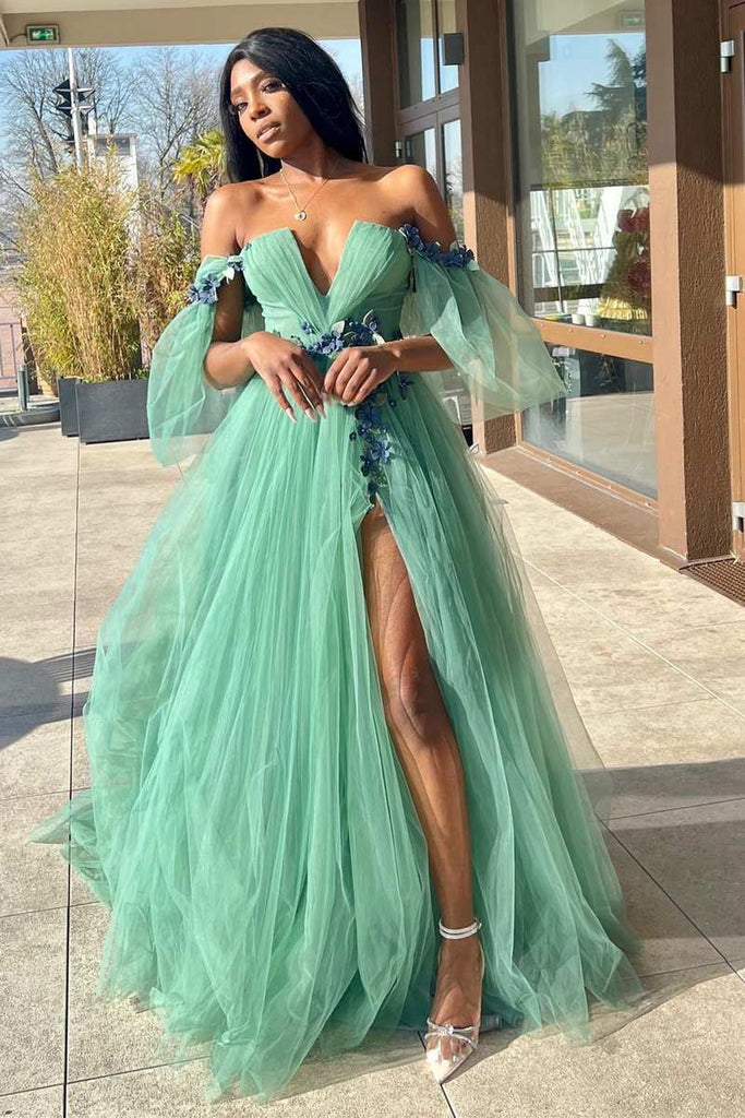 A-Line Off-the-Shoulder Green Tulle 3D Floral Lace Long Prom Dress DMP275