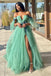 A-Line Off-the-Shoulder Green Tulle 3D Floral Lace Long Prom Dress DMP275