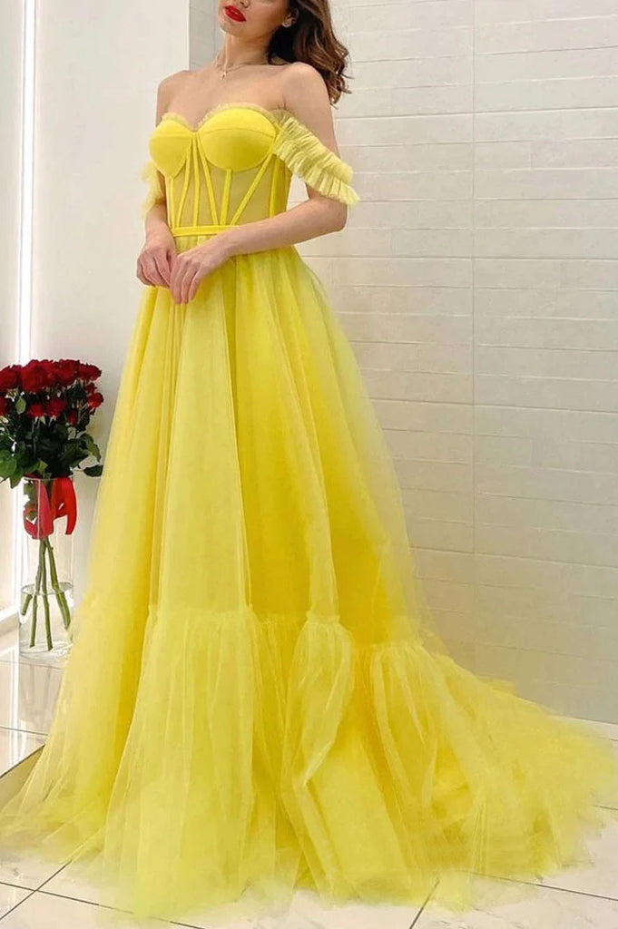 A-line Off-the-Shoulder Tulle Yellow Prom Dress Long Formal Evening Gowns DMP256