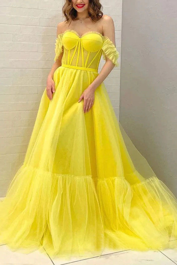 A-line Off-the-Shoulder Tulle Yellow Prom Dress Long Formal Evening Gowns DMP256