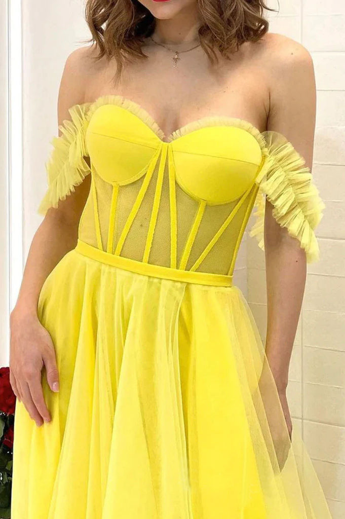 A-line Off-the-Shoulder Tulle Yellow Prom Dress Long Formal Evening Gowns DMP256