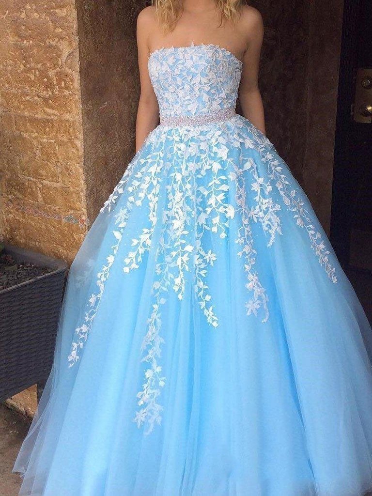 Cheap A-line  Sky Blue Lace Appliqued Tulle Long Strapless Prom Dresses DMI24