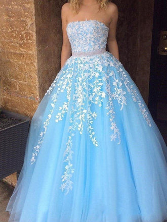 Cheap A-line  Sky Blue Lace Appliqued Tulle Long Strapless Prom Dresses DMI24