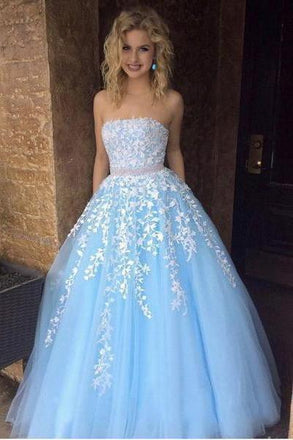 Cheap A-line  Sky Blue Lace Appliqued Tulle Long Strapless Prom Dresses DMI24