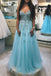 A-line V-neck Beaded Prom Dresses Lace Blue Prom Gowns DMO95