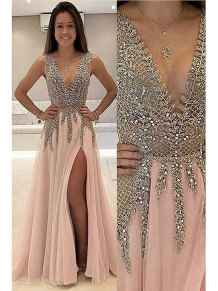 A-line V-neck Tulle Sexy Shinny Rhinestone Long Prom Dress With Slit DMA89
