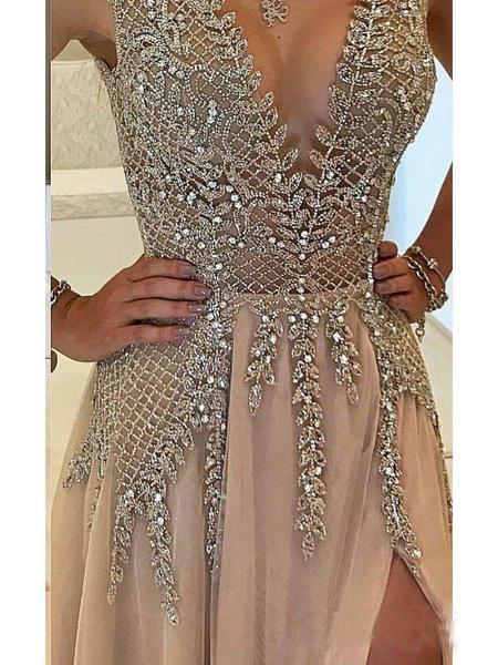 A-line V-neck Tulle Sexy Shinny Rhinestone Long Prom Dress With Slit DMA89