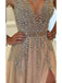 A-line V-neck Tulle Sexy Shinny Rhinestone Long Prom Dress With Slit DMA89