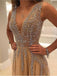 A-line V-neck Tulle Sexy Shinny Rhinestone Long Prom Dress With Slit DMA89
