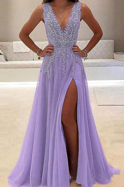 A-line V-neck Tulle Sexy Shinny Rhinestone Long Prom Dress With Slit DMA89