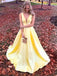 Simple A-line V-neck Satin Long Cheap Red Prom Dresses with Pocket DMN85