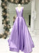 Simple A-line V-neck Satin Long Cheap Red Prom Dresses with Pocket DMN85