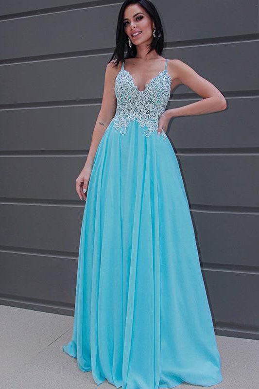 Sky Blue A-Line Lace Top Sleeveless Chiffon Evening Prom Dresses, Sweet 16 Dresses DMP012