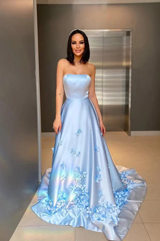 Simple A-Line Strapless Floral Appliques Satin Long Prom Dresses DMP015