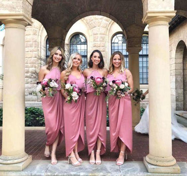 Modest Pink High Low Long Bridesmaid Dress with Ruffles DMG62