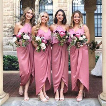 Modest Pink High Low Long Bridesmaid Dress with Ruffles DMG62