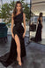 Simple Black Long One Shoulder Slit Mermaid Prom Dresses Evening Dresses DM1935