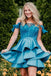 A Line Off the Shoulder Satin Tired Mini Homecoming Dresses,Short Prom Dresses DMM31