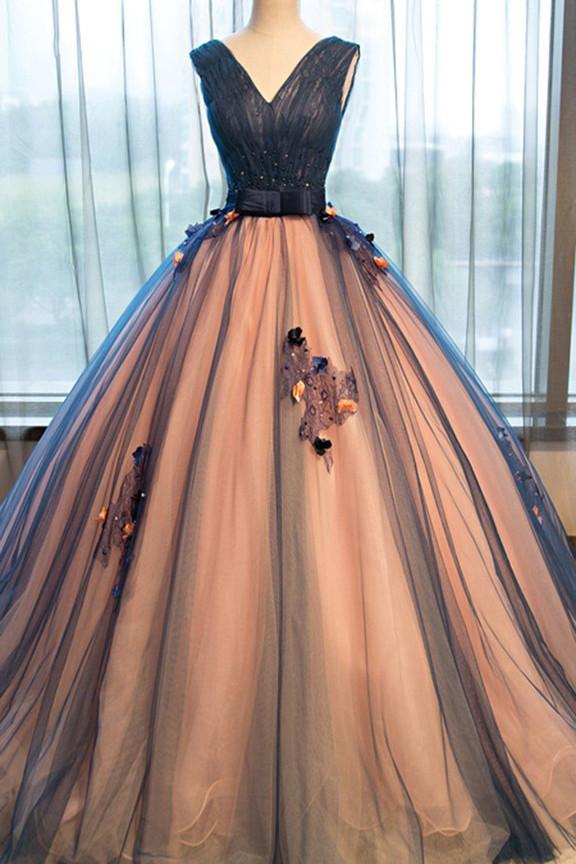 Pretty tulle v-neck applique A-line long evening dresses ,ball gown prom dress DM195