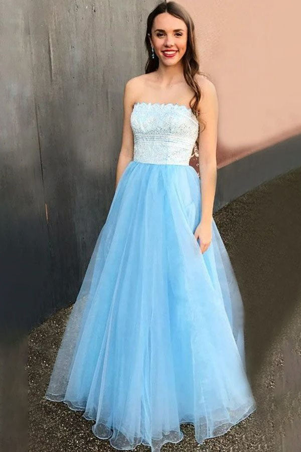 Elegant Light Blue A-line Tulle Strapless Long Prom Dress Sweet 16 Dress DM2011