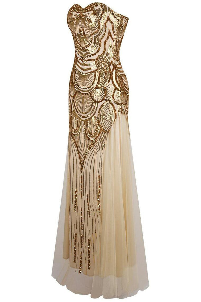 Mermaid Gold Tulle Sequins Prom Dress,Sweetheart Long Bridesmaid Dresses DME78
