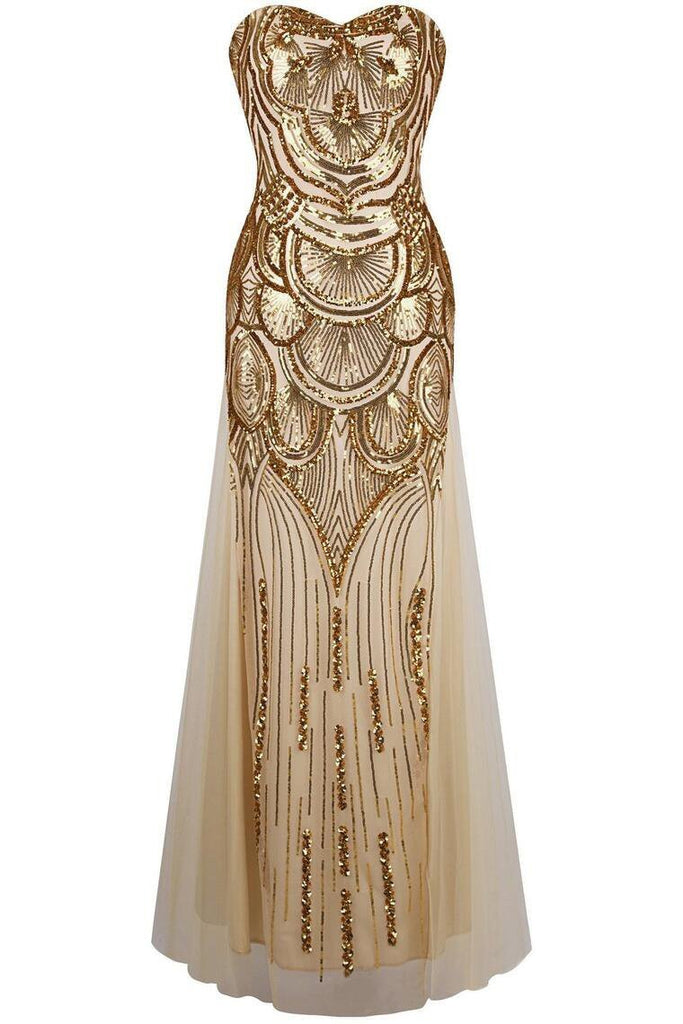 Mermaid Gold Tulle Sequins Prom Dress,Sweetheart Long Bridesmaid Dresses DME78
