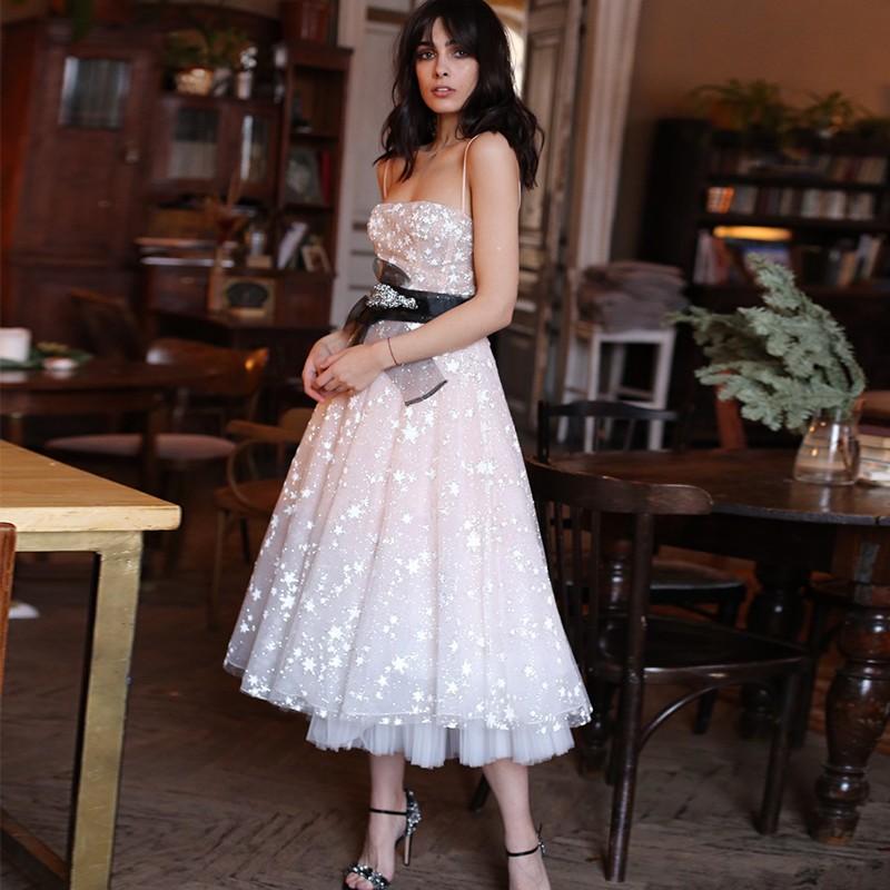 A Line Spaghetti Straps Tea Length Pearl Pink Prom Wedding Dress With Stars DMK73