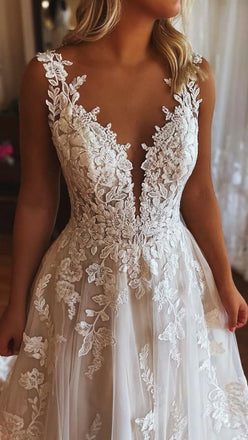Elegant A Line V Neck Lace Appliques Wedding Dresses With Pockets DMW2