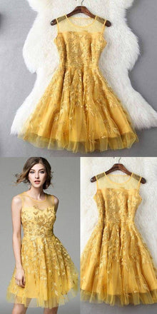 Fashion Gold Jewel A Line Sleeveless with Appliques Short Prom Homecoming Dress DM508