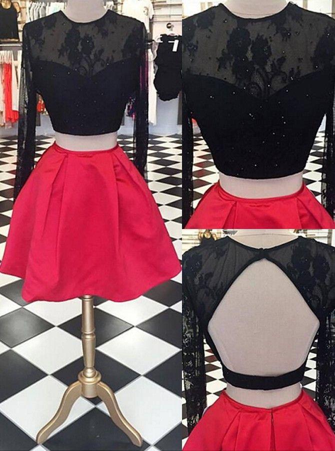 Long sleeve two pieces open back unique style red homecoming prom dresses with black lace DM324