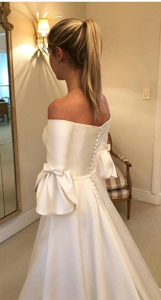 Petal Half Sleeves A Line Satin Off-the-shoulder Wedding Dress Long Bridal Dress DMW38