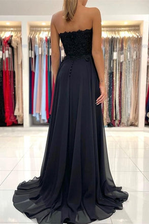 Modern Black Sweetheart Chiffon Long Prom Dresses Appliques With Split DMP153