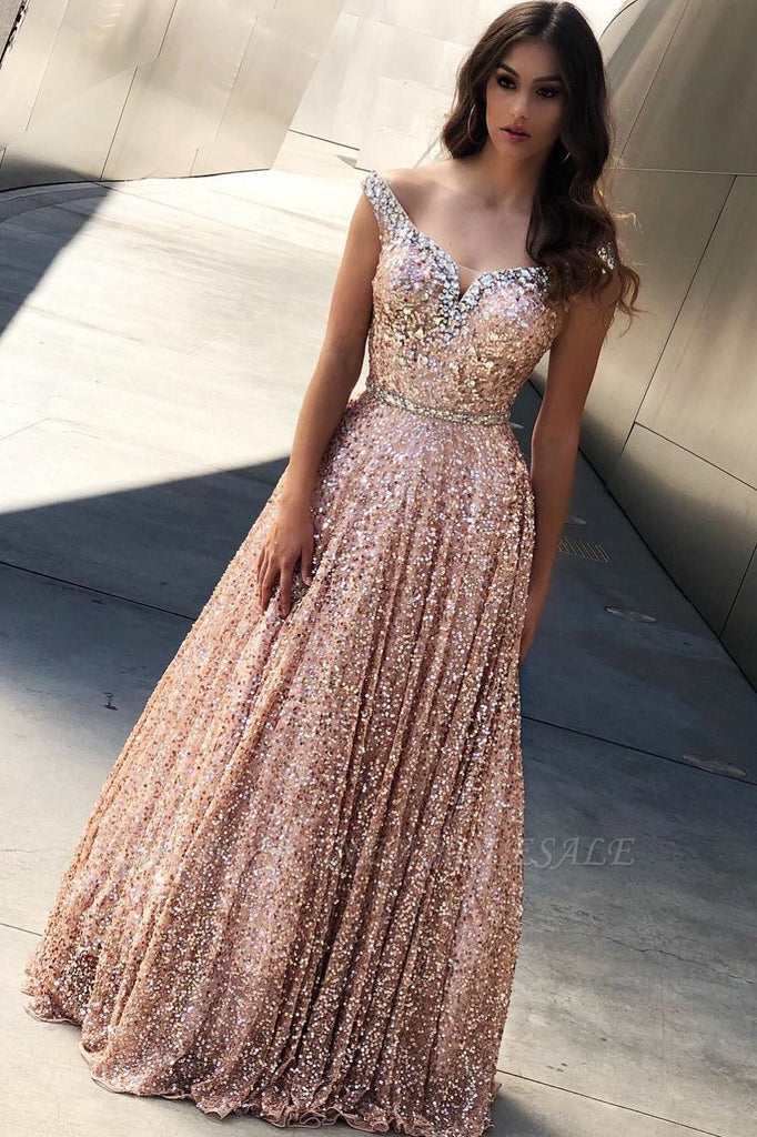 Rose Gold Sequins Evening Dresses Off The Shoulder Sexy Bling-bling Prom Dresses DMP189