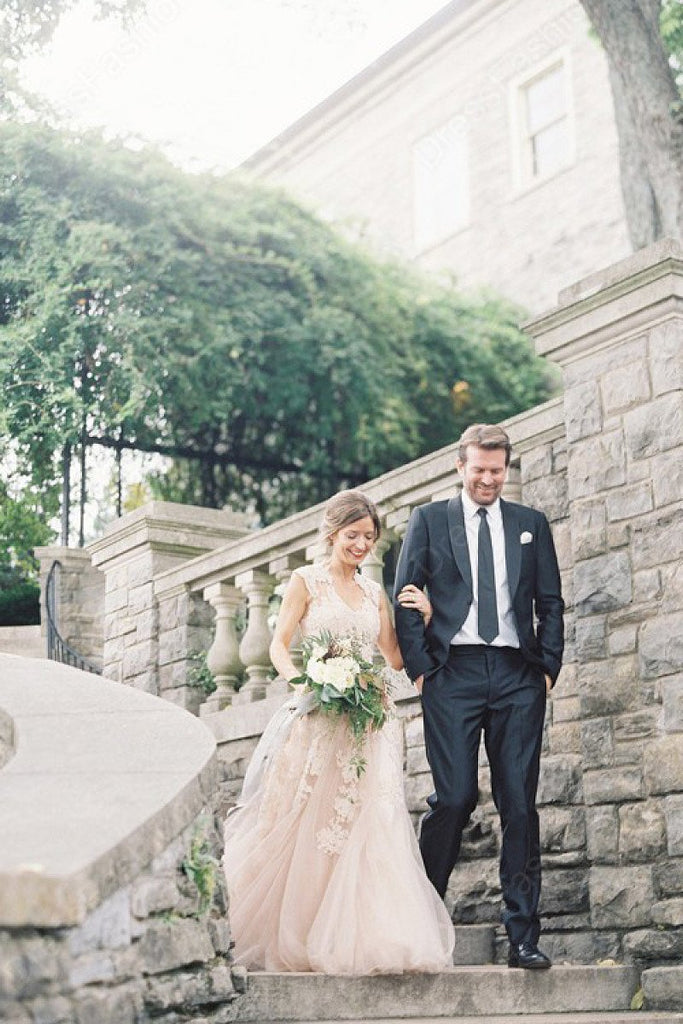 Pearl Pink A Line V-neck Sleeveless Floor-Length Tulle Wedding Dress With Lace Appliques DM379
