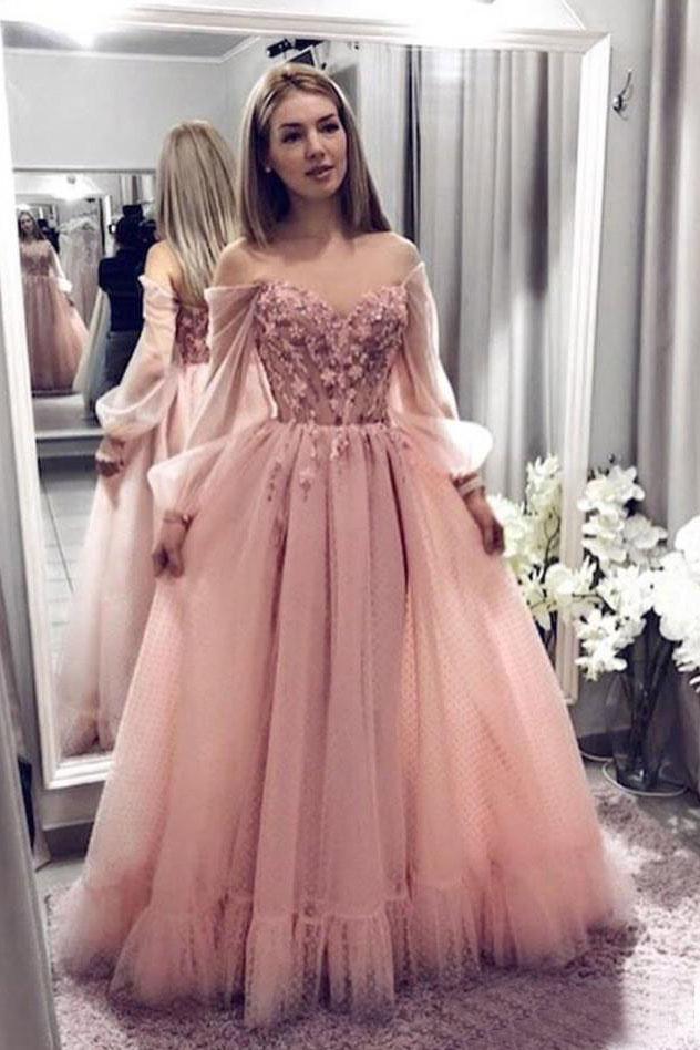 Princess Ball Gown Blush Pink Lace Prom Dresses With Long Sleeves OKK55 Demodresses Princess Ball Gown Blush Pink Lace Prom Dresses With Long Sleeves OKK55 Demodresses