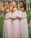 Simple Pink Off the Shoulder Pink Ruffles Long Bridesmaid Dresses DMA55