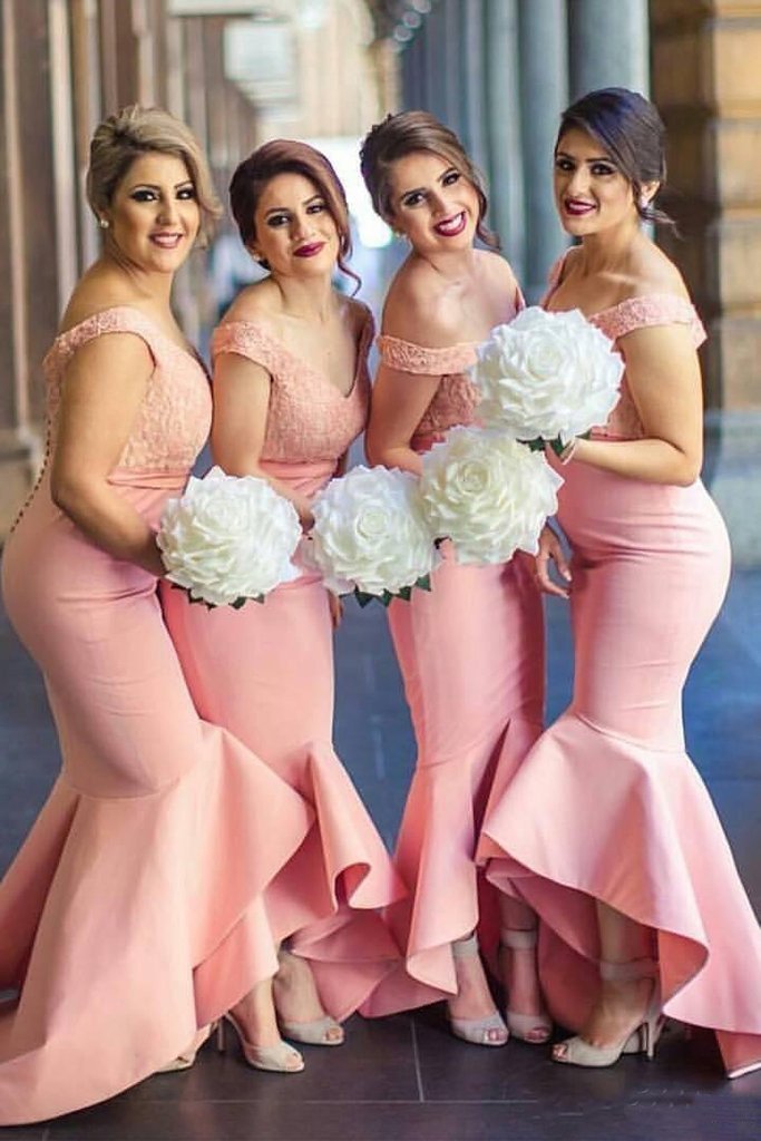 Elegant Baby Pink Mermaid Off the shoulder Ruffles Lace Top Bridesmaid Dresses DMD64