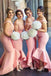 Elegant Baby Pink Mermaid Off the shoulder Ruffles Lace Top Bridesmaid Dresses DMD64