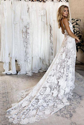 New Arrival Lace Backless V Neck Ivory Spaghetti Straps Beach Wedding Dresses DMC71