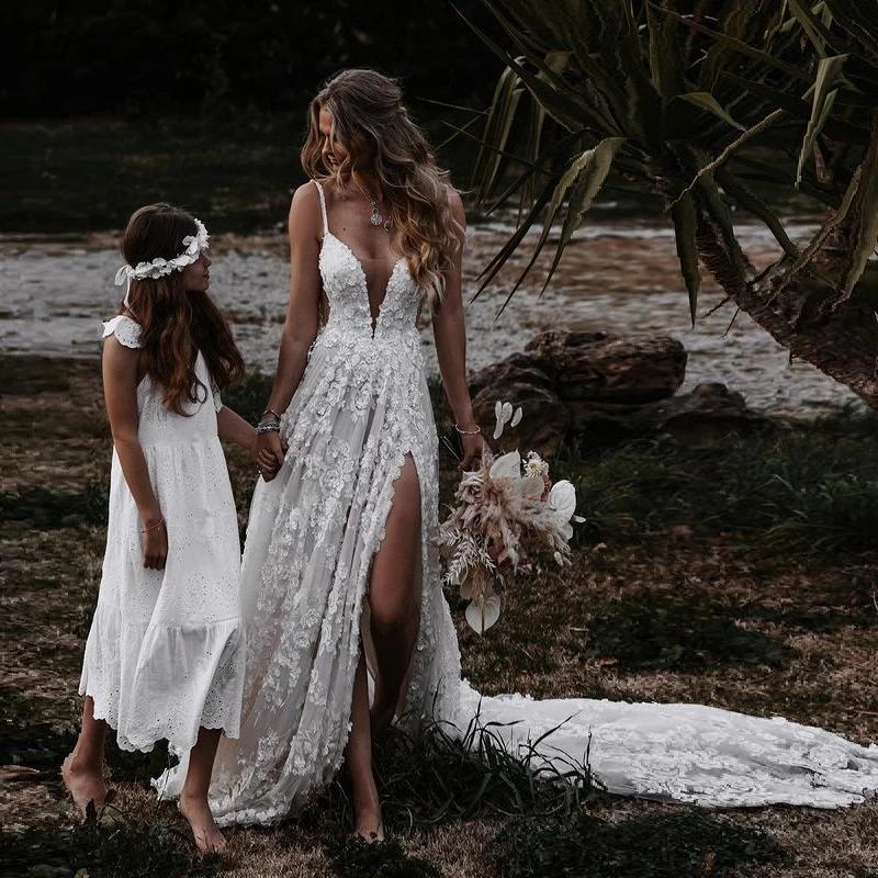 Boho Deep V Neck A Line Lace Wedding Dresses With Slit, Spaghetti Stra Demodresses Boho Deep V Neck A Line Lace Wedding Dresses With Slit, Spaghetti Stra Demodresses