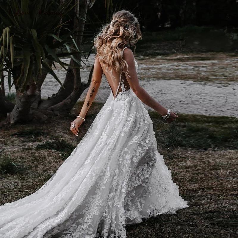 Boho Deep V Neck A Line Lace Wedding Dresses With Slit, Spaghetti Stra Demodresses Boho Deep V Neck A Line Lace Wedding Dresses With Slit, Spaghetti Stra Demodresses