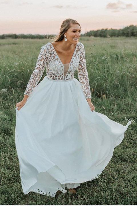 Long Sleeves A Line V Neck Lace Top Long Wedding Dress DMG80